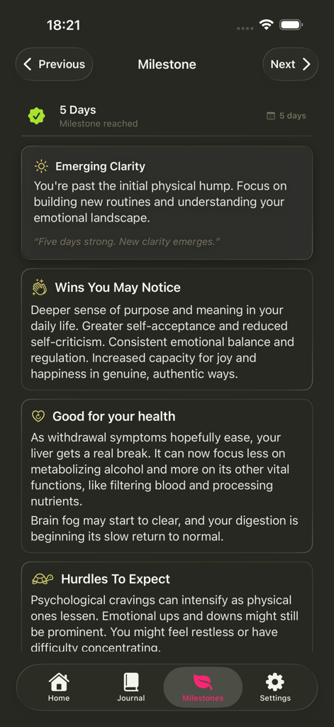 Simple Sober Tracker - Screenshot of the Simple Sober Tracker app showing the 5-day sobriety milestone with health benefits and psychological insights
