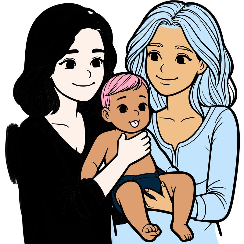 two realistic women holding one baby together