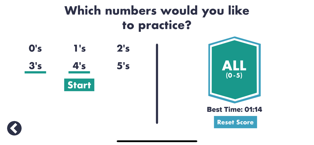 MathEdge Multiplication app screen for selecting specific numbers from zero to five to practice