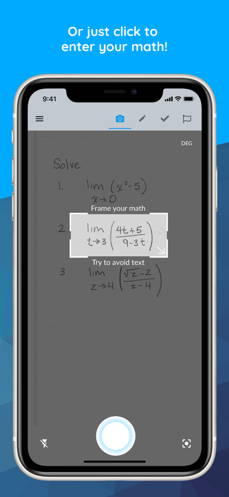 Maple Calculator: Math Solver - A person using the Maple Calculator app to scan a handwritten limit math problem from a notebook using their smartphone camera.