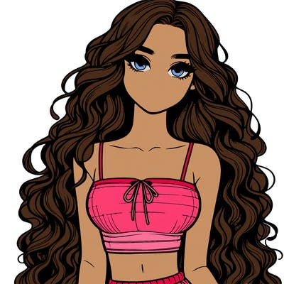 realistic girl with long curly hair and a crop top