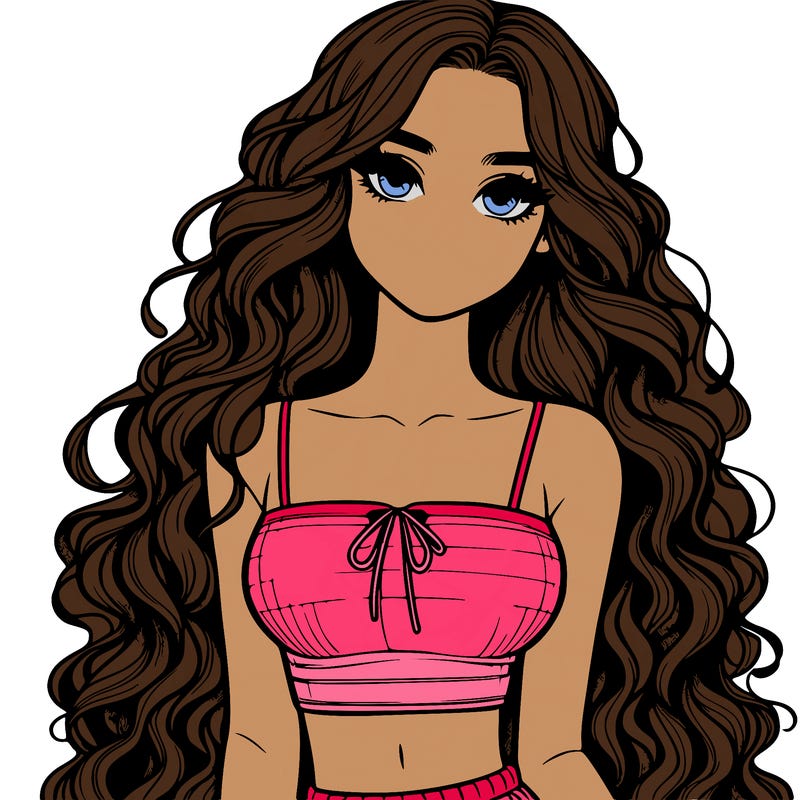 realistic girl with long curly hair and a crop top