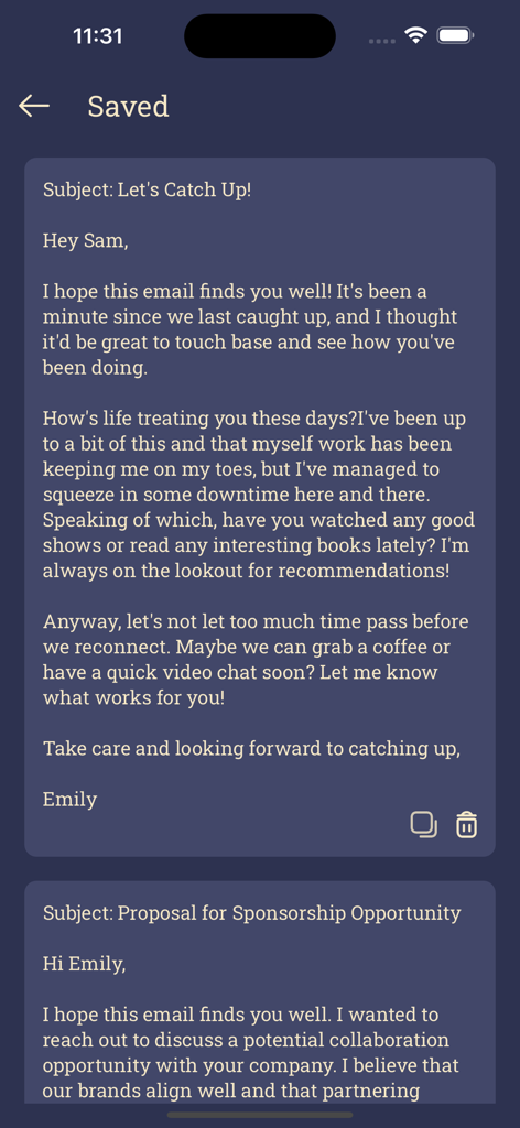 A screen showing saved casual and professional email drafts within the AI Email Generator app.