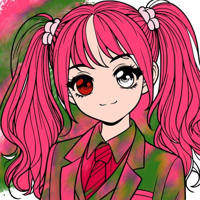 realistic girl with two ponytails and a suit on