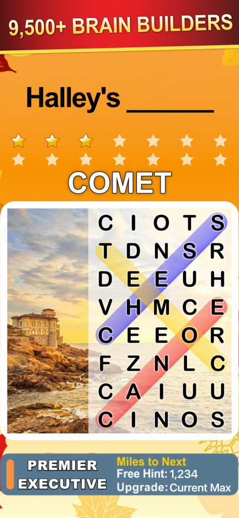 Word Search World Traveler - A word search puzzle screen from Word Search World Traveler featuring a trivia clue for Halley's Comet against a scenic travel background.