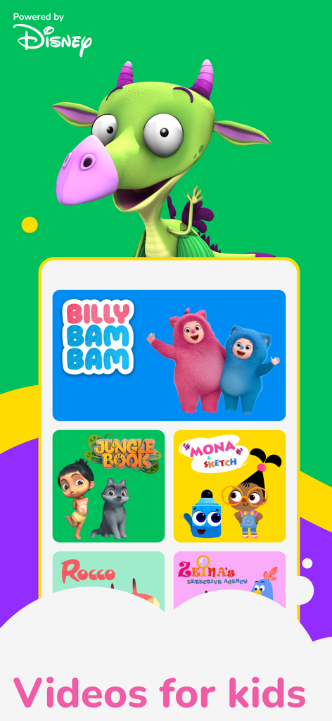 BabyTV app interface showing children's shows like Billy Bam Bam and Jungle Book powered by Disney