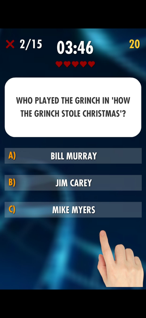 Ultimate Movie Quiz (2025) - Ultimate Movie Quiz gameplay showing a multiple choice question about the actor who played the Grinch