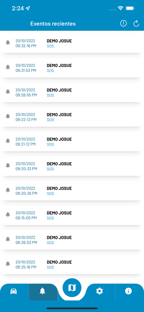 PERUGLOBAL GPS - Recent events log in the PERUGLOBAL GPS app showing a list of SOS alerts and timestamps.