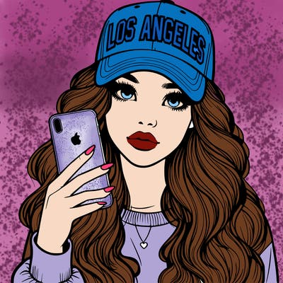 realistic beautiful girl wearing los ángeles cap holding an iphone