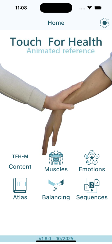 Home screen of the Touch For Health Animated kinesiology app with icons for muscles emotions atlas balancing and sequences