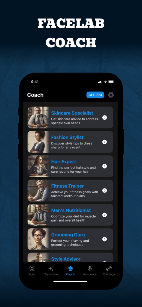 LooksMax AI: Face Rater & Scan - LooksMax AI app screen showing a list of AI experts for skincare fashion hair fitness and nutrition