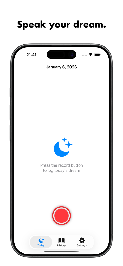 DreamLooom - DreamLooom app interface showing the voice recording screen with a red record button to log a daily dream.