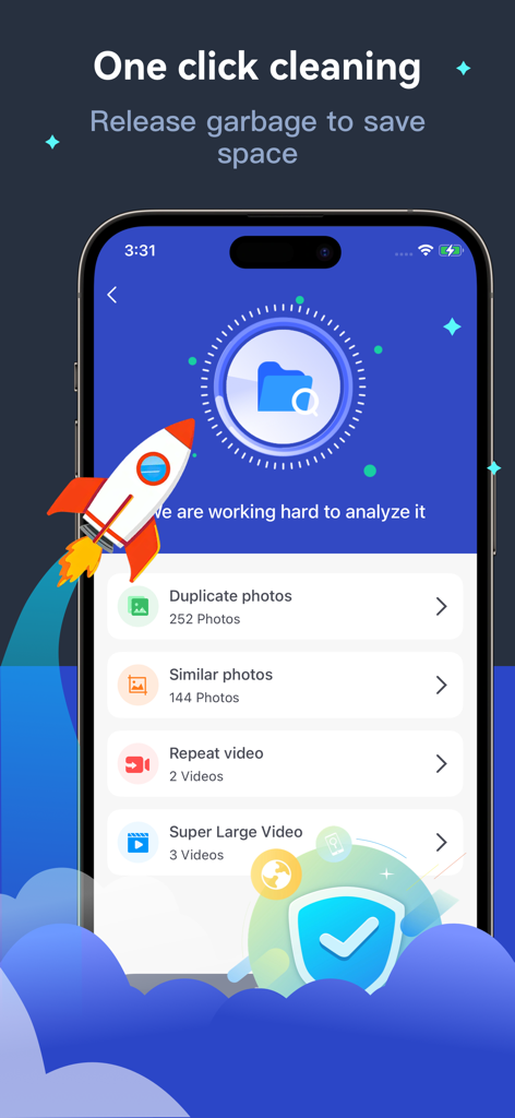 Interface do aplicativo Secret Clean mostrando limpeza com um clique e análise de fotos e vídeos duplicados.