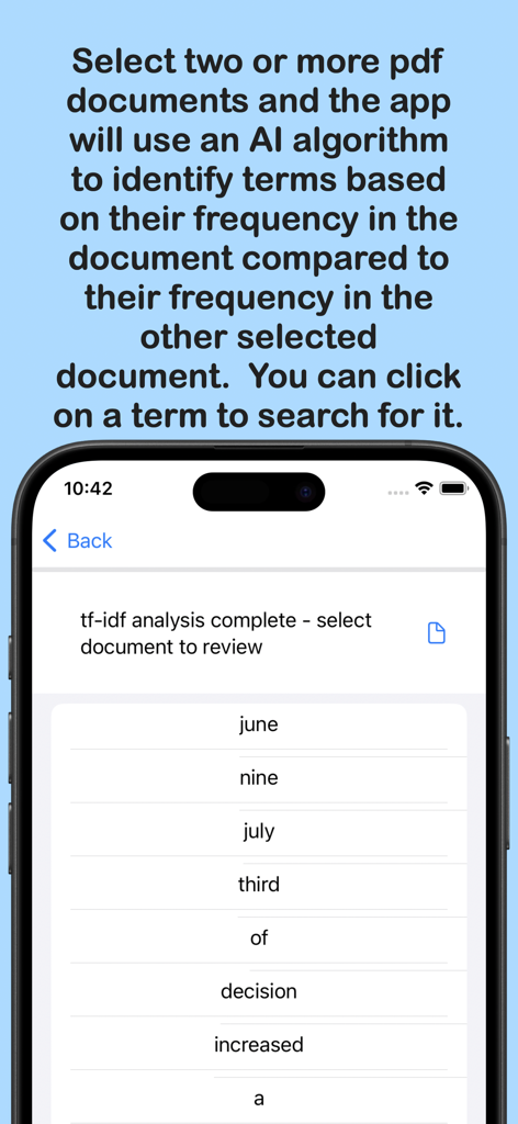 Pdf Text Search - 比較文書検索のために抽出されたキーワードのリストとともにTF-IDF分析結果を示すインターフェース。