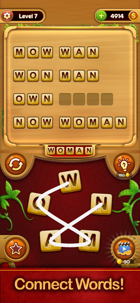 Captura de pantalla del juego de Word Connect que muestra un crucigrama resolviéndose conectando letras.