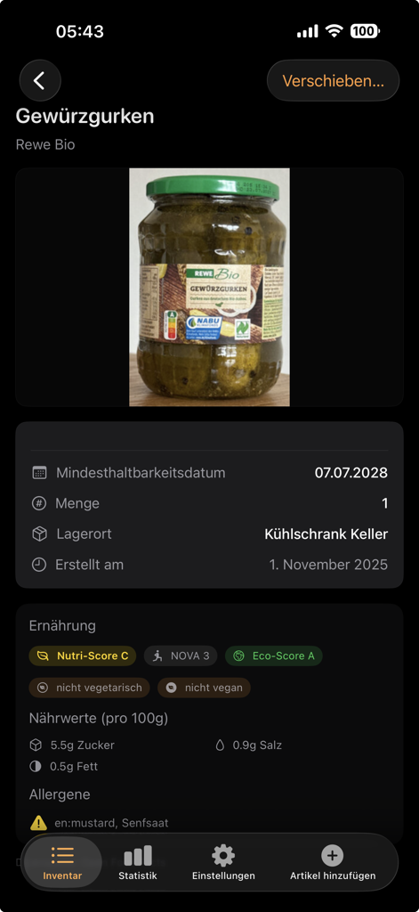 Interfaz de la aplicación Restlos que muestra los detalles de un artículo de comida con fecha de caducidad y calificaciones nutricionales.