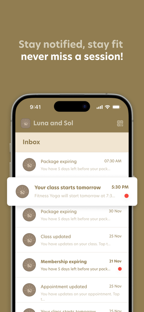 Luna & Sol: Pilates & Yoga - Luna and Sol pilates and yoga app notification inbox screen