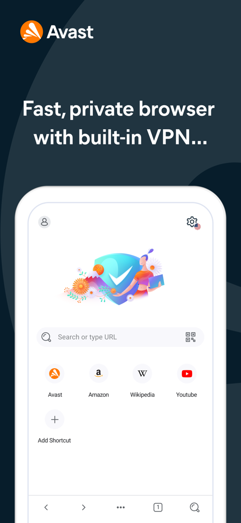 Pantalla de inicio de la aplicación móvil Avast Secure Browser con barra de búsqueda y accesos directos