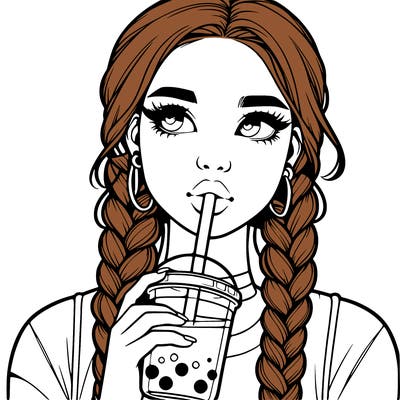 realistic girl with braided hair drinking boba