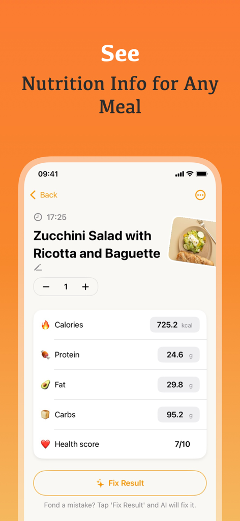 Kalo app showing nutritional breakdown including calories and macros for a zucchini salad meal.