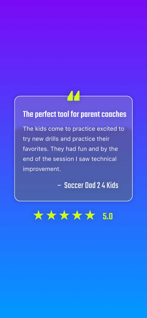 A five star user review of the MOJO Sports app from a parent coach praising its effectiveness for youth sports practices