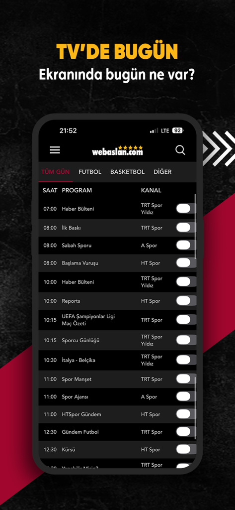 Webaslan - GS 1905 Haber - Interface do aplicativo móvel Webaslan exibindo a programação diária de TV de esportes