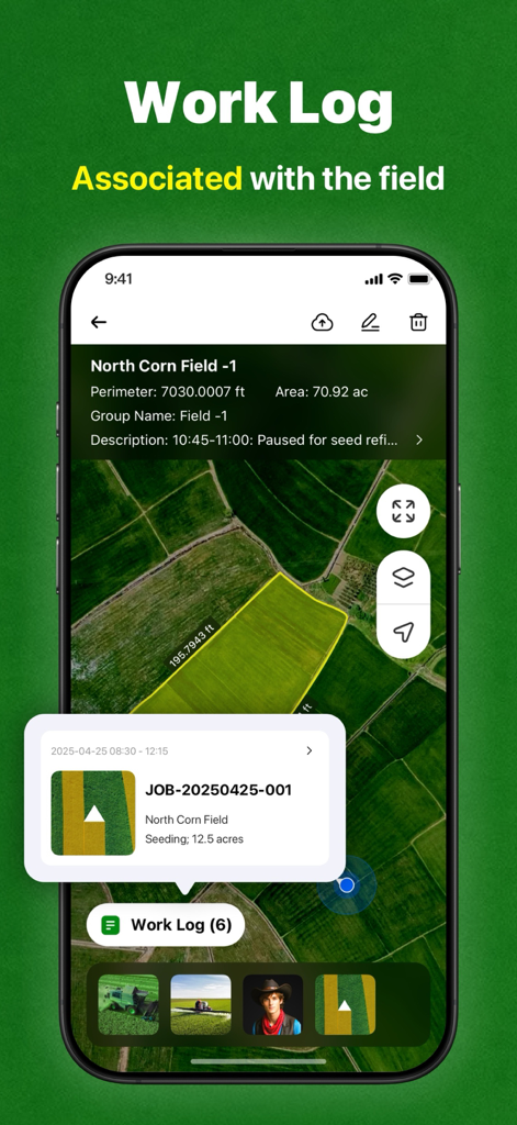 Tractor GPS Field Guidance PRO - Work log screen in the Tractor GPS app showing a map of a corn field with area measurements and seeding activity records.