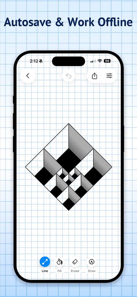 Graph Paper Pro - Un complejo dibujo de ilusión óptica 3D sobre una cuadrícula de papel cuadriculado azul dentro de la interfaz de la aplicación Graph Paper Pro