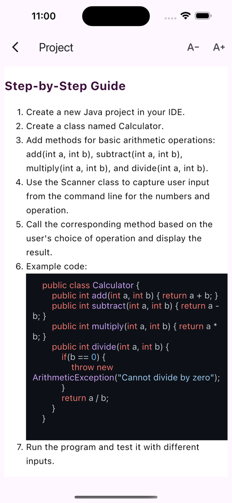 A step-by-step guide in a mobile app for building a calculator project in Java with example code