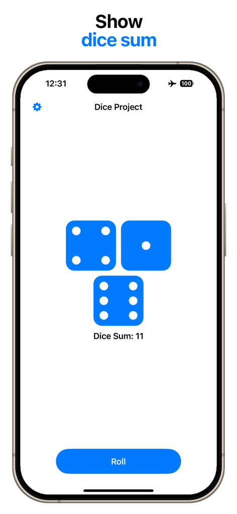 Dice Project - Dice Project app interface displaying three dice and their total sum