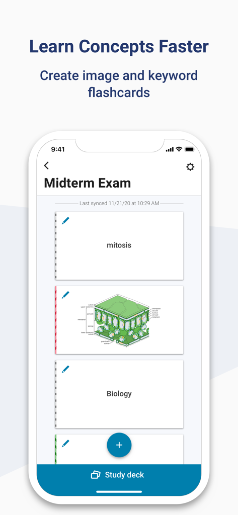 画像とキーワードのフラッシュカードを作成して学習するためのBookshelfモバイルアプリのインターフェース
