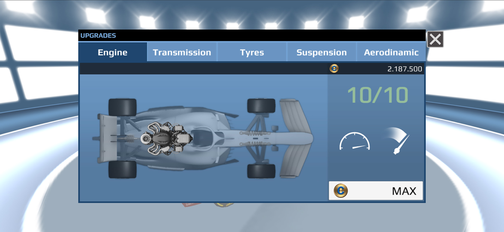 Fx Racer - Menu de customização de carros do Fx Racer mostrando atualizações de motor maximizadas para um carro de Fórmula 1