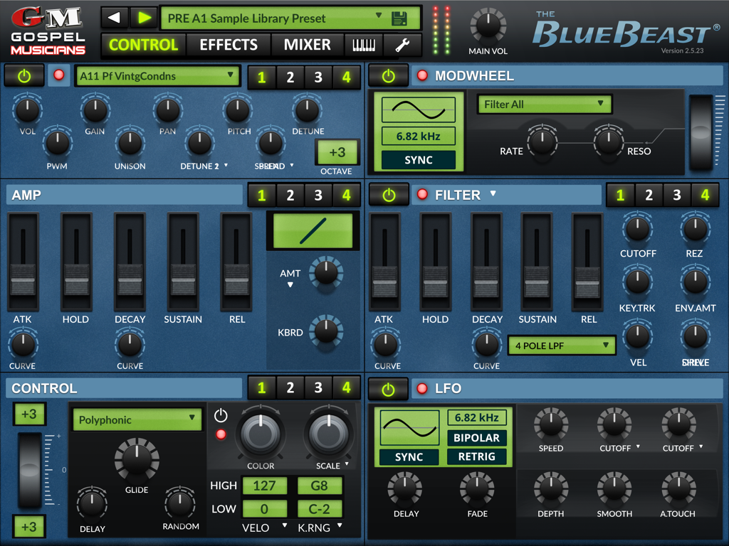 BlueBeast - Yamaha EX5 Library - Panel de control esquelomórfico azul de la aplicación de sintetizador BlueBeast con perillas y deslizadores para modulación de audio