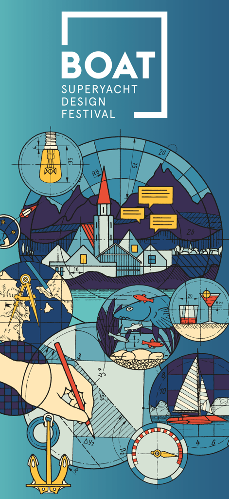 Boat International Events - Künstlerische Illustration für das Boat International Superyacht Design Festival mit nautischen Entwürfen und Luxus-Lifestyle-Symbolen