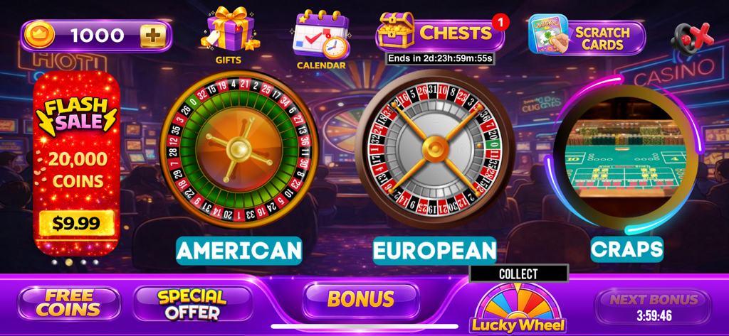 ルーレット カジノ アプリのメインメニュー。アメリカンとヨーロピアンのルーレット ゲーム オプションと毎日のボーナス機能が表示されます。