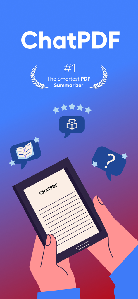 ChatPDF: PDF Ai & Pdf Summary - Tela promocional do aplicativo móvel ChatPDF destacando seus recursos de sumarização de documentos e resposta a perguntas com IA