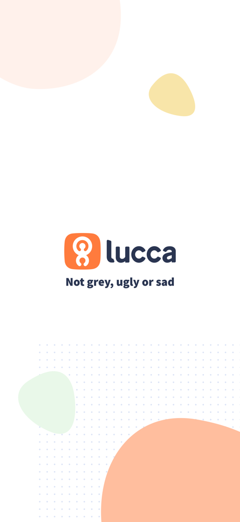 Logo e slogan do aplicativo Lucca HR Não cinza feio ou triste em um fundo abstrato moderno