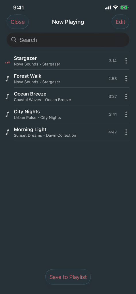 Pi Music Player - Now Playing queue in Pi Music Player showing a list of songs and a save to playlist button