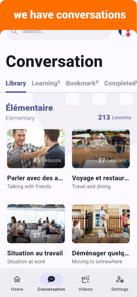 French  - Listening Speaking - French language learning app interface showing conversation categories for travel dining and work situations