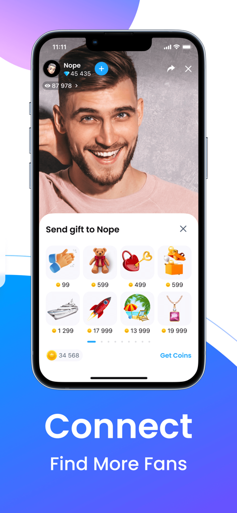 A screenshot of the Plamfy app showing a smiling live streamer and a selection of virtual gifts like a teddy bear and rocket