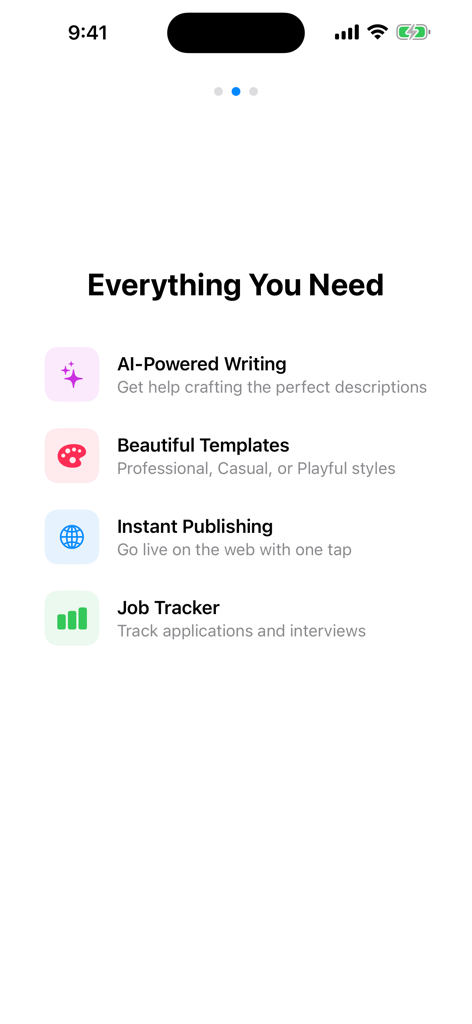 Resume Hero - Funciones de la aplicación Resume Hero que incluyen plantillas de escritura con IA, publicación instantánea y seguimiento de trabajos