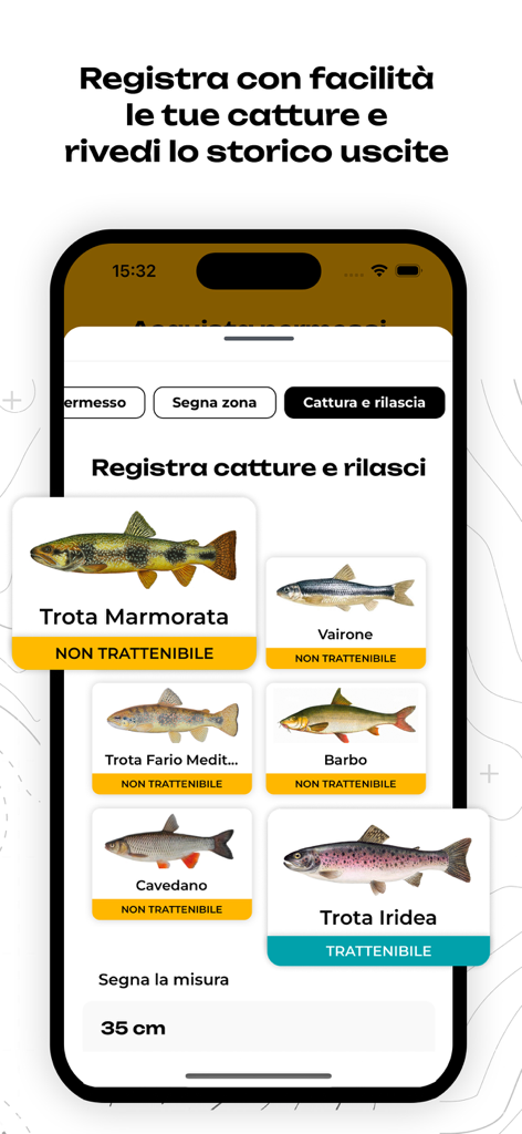 SpotFish - Fishing Spots - SpotFish app interface for recording catches and releases showing various fish species and measurements