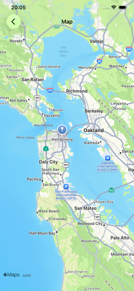 Upvise mobile app map view showing a building location pin in the San Francisco Bay Area
