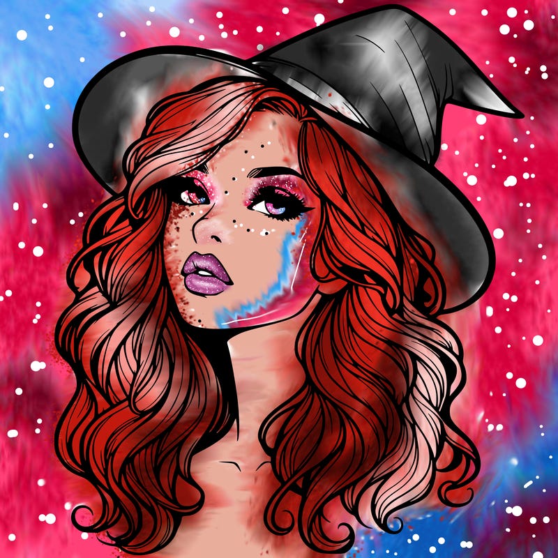 realistic witch girl with wavy hair and lips