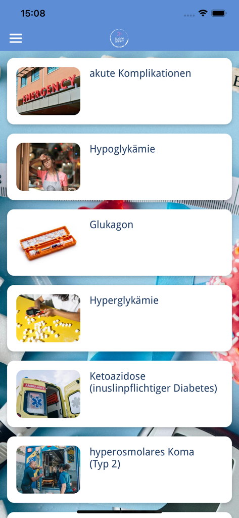 SugarSmart - SugarSmart app interface showing a list of acute diabetes complications with descriptive images for hypoglycemia and hyperglycemia