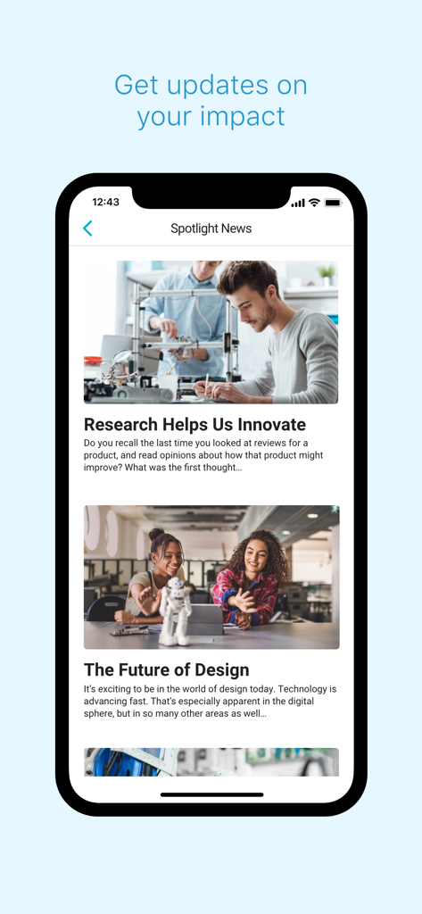 Ipsos Community Direct - Ipsos Community Direct app Spotlight News screen showing blog articles about research innovation and the future of design.
