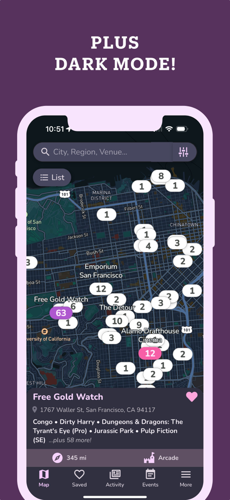 Pinball Map app interface showing locations in San Francisco with dark mode enabled.