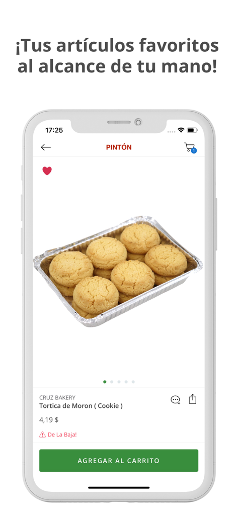 Aplicación móvil Pinton mostrando la página de producto de la panadería Tortica de Morón