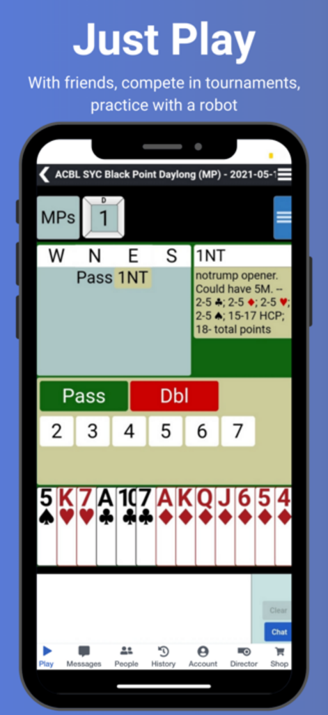 Bridge Base Online mobile app interface showing a bridge card game with bidding options and hand of cards