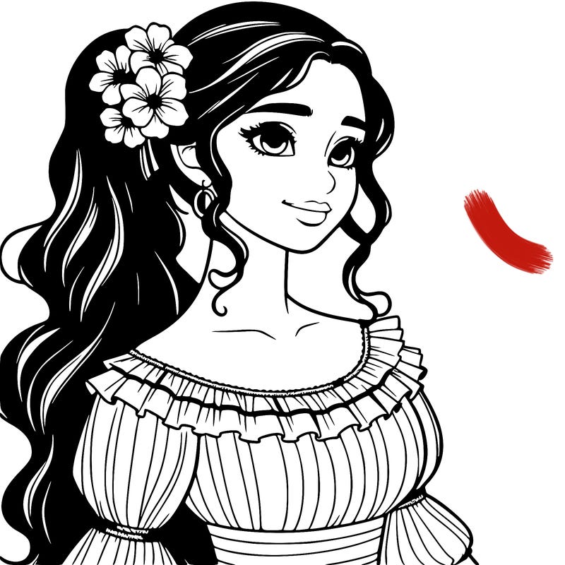 a single latina woman with a side ponytail and a long dress with ruffles. she has a few discreet flowers in her hair. realistic